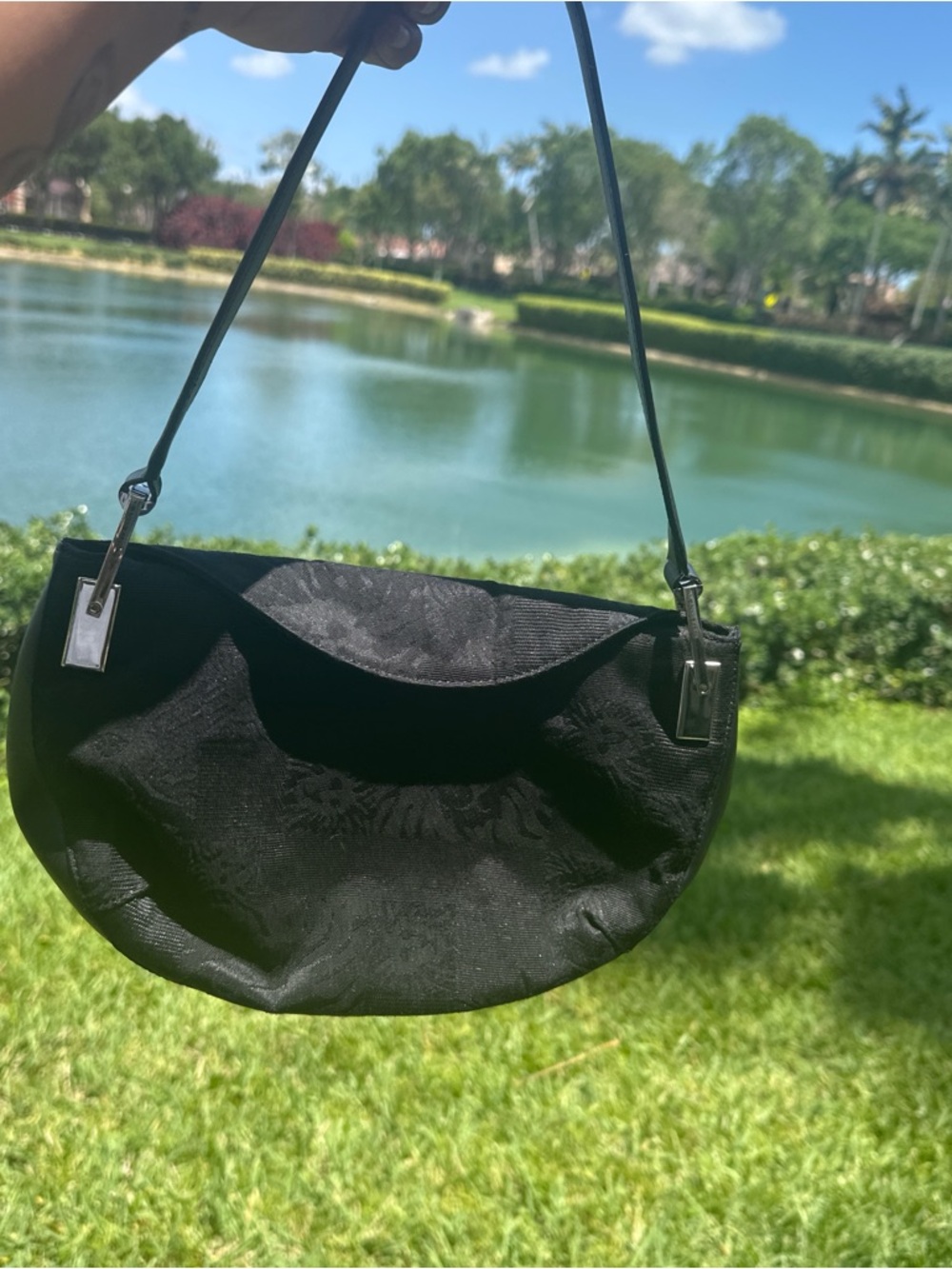 Black Semi-Crescent Shoulder Bag with Subtle Jacquard Texture